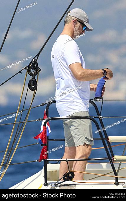 King Felipe VI of Spain on board of Aifos 500 during the 40th Copa del Rey Mapfre Sailing Cup - Day 1 at Real Club Nautico on August 1, 2022 in Palma, Spain