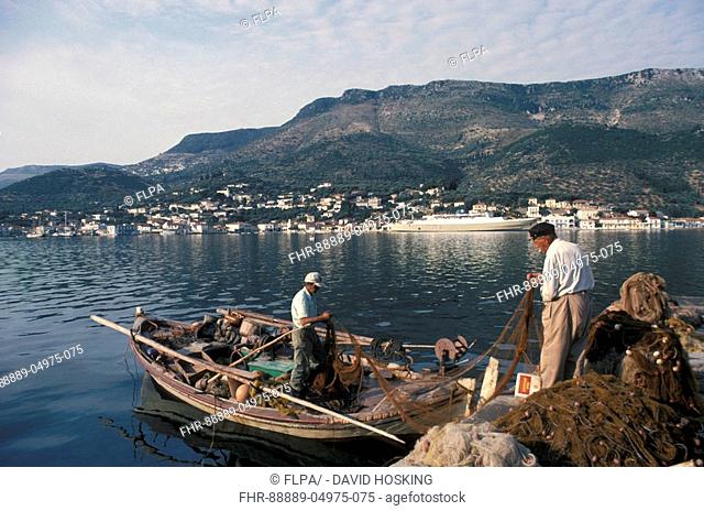 Fishermen sorting nets at Vathy, Ithaca, Greece September 1976