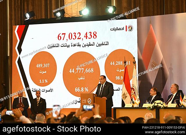 18 December 2023, Egypt, Cairo: Head of the National Election Authority Hazem Badawi announces the results of Egypt's Presidential Elections during a press...