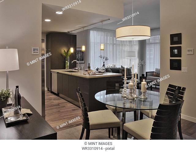 Open floor plan in luxury highrise apartment