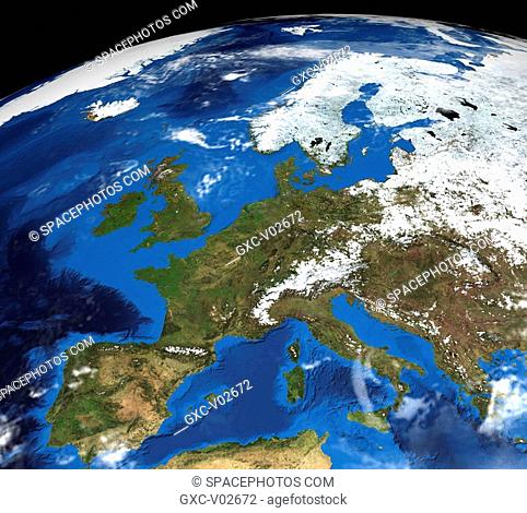 Scandinavia and Northern Europe. Denmark, Norway, Sweden, Finland, Poland and Russia fully covered with snow are visible on this winter view of western Europe