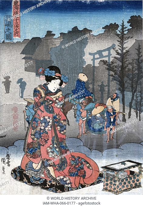 View of Mishima. Print shows a woman standing next to a box on a cloud watching porters carrying a person in a sedan chair as they pass the Mishima Shrine