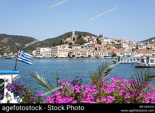 View from Galatas, Argolis, towards Poros, Poros Island, Saronic Islands, Peloponnese, Greece, Europe