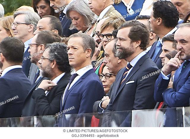 Santiago Abascal, Lidia Bedman, Albert Rivera, Pablo Casado, Isabel Torres Orts attends National Day military parade on October 12, 2019 in Madrid, Spain