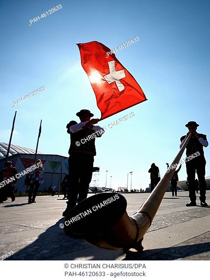 Swiss alphorn players from Engadin pose in the Olympic Park at the Sochi 2014 Olympic Games, Sochi, Russia, 08 February 2014