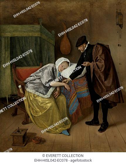 The Sick Woman, by Jan Steen, c. 1663-66, Dutch painting, oil on canvas. The doctor is a 'Quack', who has placed a bit of the patient's blue fabric in a brazier...
