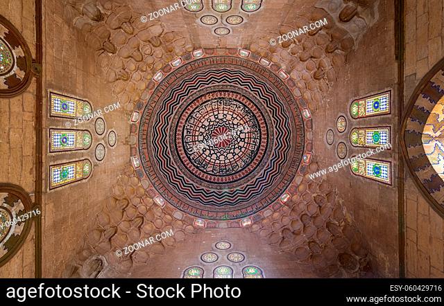 Ceiling of Al Zaher Barquq mausoleum with colorful decorated painted dome, City of the Dead district, Cairo, Egypt