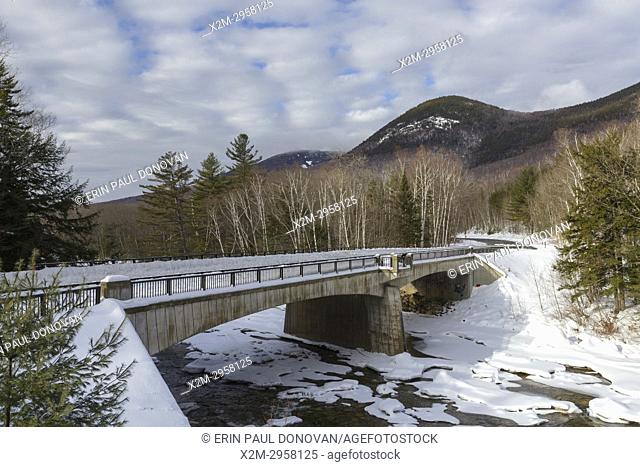 Bridge along the Kancamagus Scenic Byway (Route 112) in Lincoln, New Hampshire during the winter months. This bridge crosses the East Branch of the Pemigewasset...