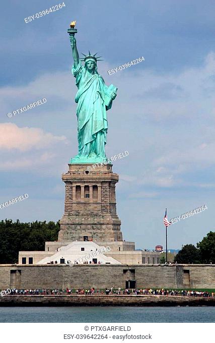 The Statue of Liberty (Liberty Enlightening the World), a colossal neoclassical sculpture on Liberty Island in the middle of New York Harbor, Manhattan