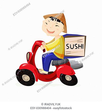Sushi or China food delivery concept. Cartoon character japanese boy riding  on scooter or motorcycle, Stock Vector, Vector And Low Budget Royalty Free  Image. Pic. ESY-030988404 | agefotostock