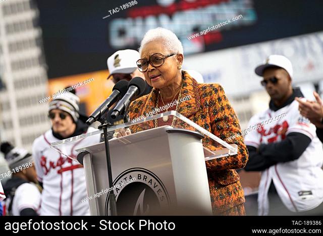 Hank Aaron's wife Billye Aaron addresses fans at a ceremony after a parade to celebrate the World Series Championship for the Atlanta Braves at Truist Park in...