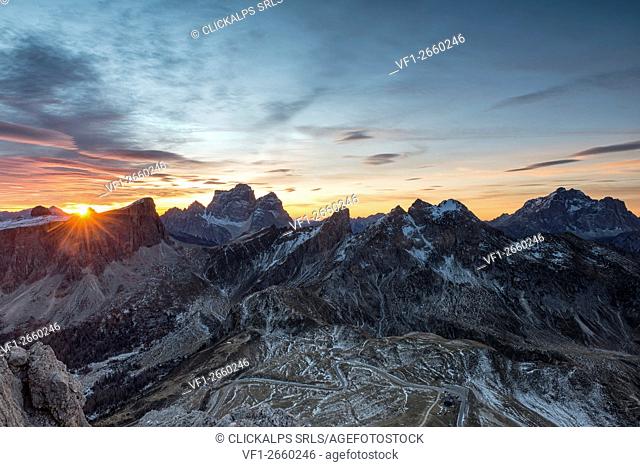 Ra Gusela, Dolomites, Veneto, Italy. Sunrise photographed from the summit of The Ra Gusela