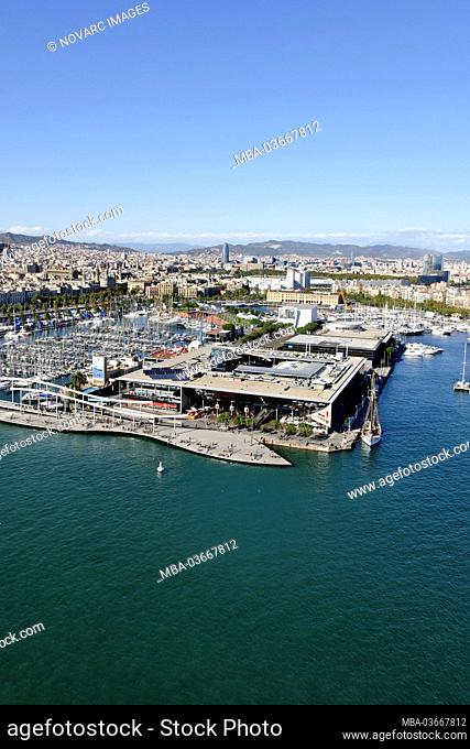 Aerial view, Rambla de Mar, Port Vell, port, Barcelona, Spain