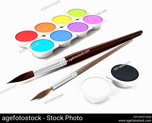 Watercolor paints and paintbrushes isolated on white background. 3D illustration