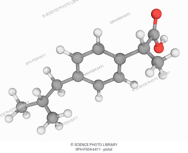 Ibuprofen, molecular model. Non-steroidal anti-inflammatory drug primarily used for fever, pain, dysmenorrhea and rheumatic arthritis