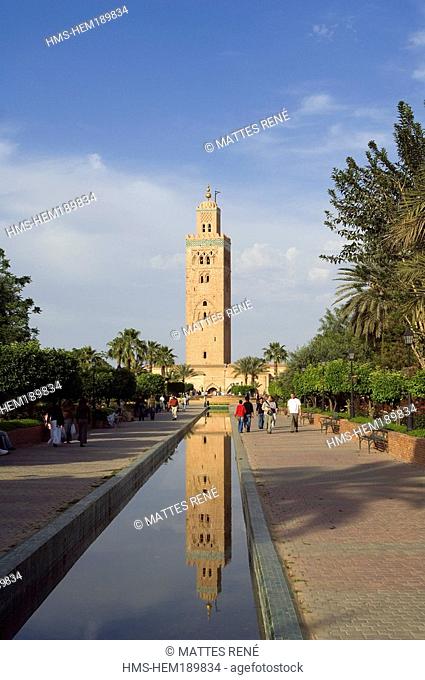 Morocco, Marrakesh, imperial city, medina listed as World Heritage by UNESCO, Koutoubia mosque, minaret and et Mamounia garden