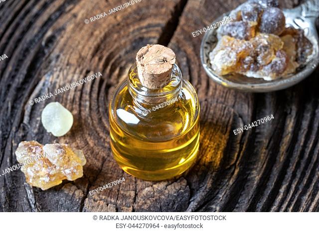A bottle of frankincense essential oil and resin