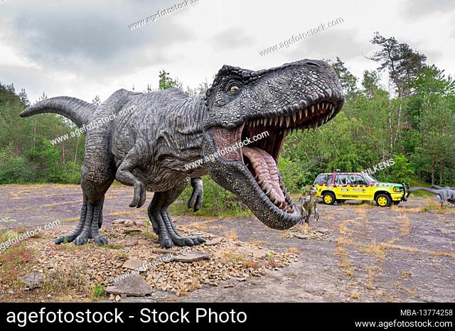 Dinosaur Tyrannosaurus as a model in Dinopark Münchehagen near Hanover. Lived in North America about 66 million years ago, was about 13m long and weighed 6t