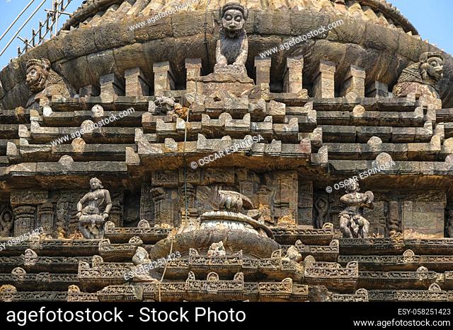 Detail of the Sun Temple was built in the 13th century and designed as a gigantic chariot of the Sun God, Surya, in Konark, Odisha, India