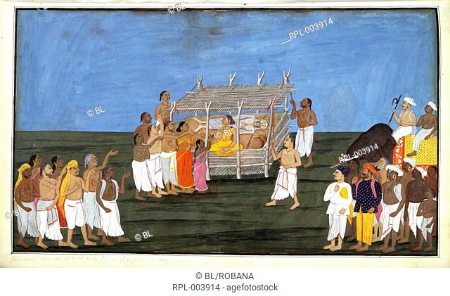 Brahmin ceremony, The ceremony of a woman burning herself upon the same funeral pile as the corpse of her husband. From an album of 38 watercolour drawings of...