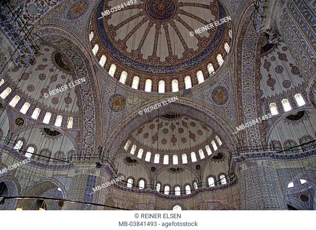 Turkey, Istanbul, blue mosque, Illumination, dome, indoors, detail,  from below,  Sultan Ahmet Camii, Sultan-Ahmet-Moschee, domed structure, sacral construction