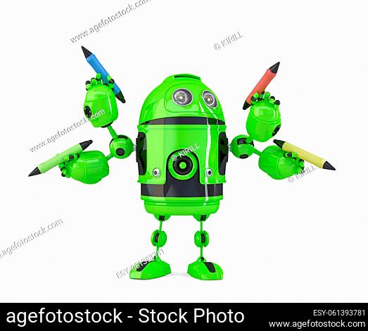 Four-armed 3d robot with pencils. Multitasking concept. Isolated. Contains clipping path