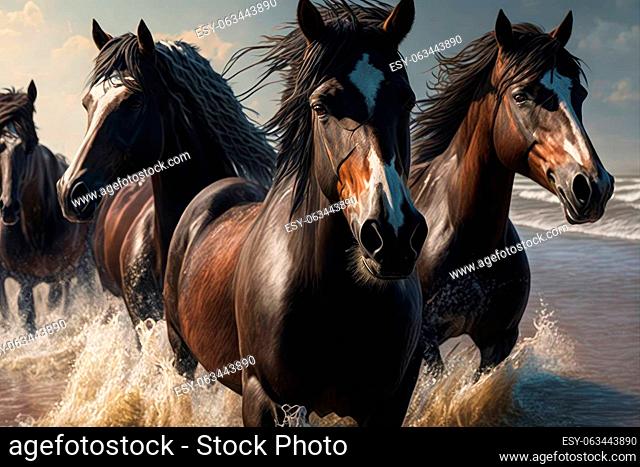 Wild horses galloping through the water on the beach, close-up, created with generative AI technology