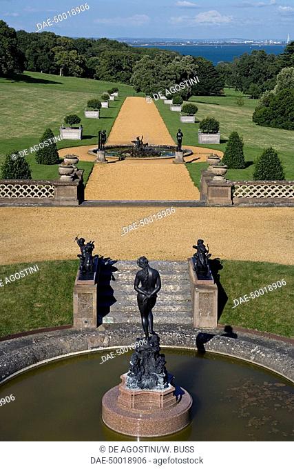 The main fountain and the garden of Osborne House, built between 1845-1851 in Italian Renaissance style as Queen Victoria's summer residence, Cowes