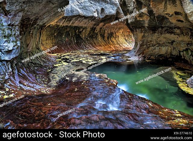 Green pool, flowing water and a circular rock formation at the Subway, a unique tunnel scuplted by the Left Fork of North Creek in Zion National Park, Utah