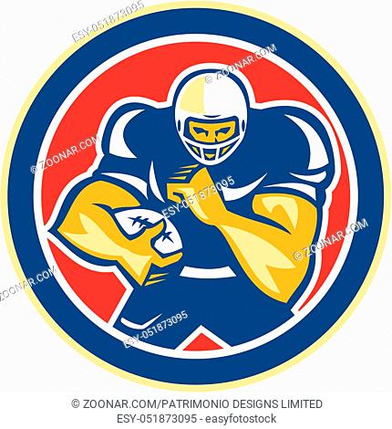 Illustration of an american football gridiron player holding ball fending off defend set inside circle on isolated background done in retro style