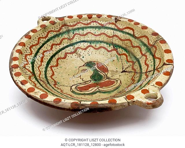 Deep earthenware bowl with silt decoration and image of woman in sgraffitotechniek, bowl crockery holder soil find ceramic earthenware clay engobe glaze lead...