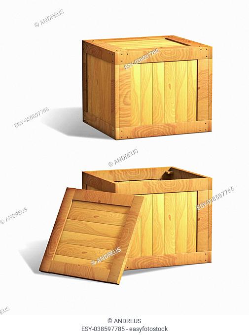 Open and closed wooden crates. Digital illustration, clipping path included