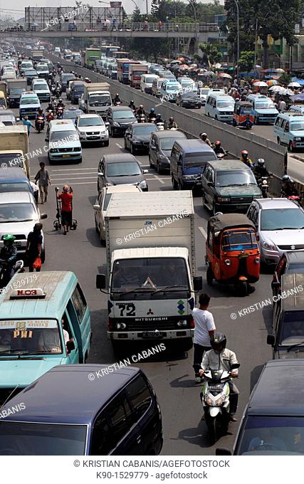 View from above with traffic jam on Jalan Matraman, Jakarta, Java, Indonesia, Southeast Asia