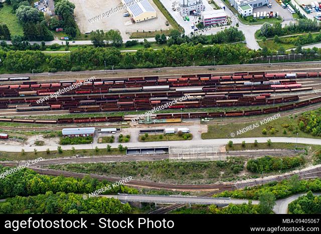 Aerial view of the track bed on Schwabenbächl in Munich with freight trains