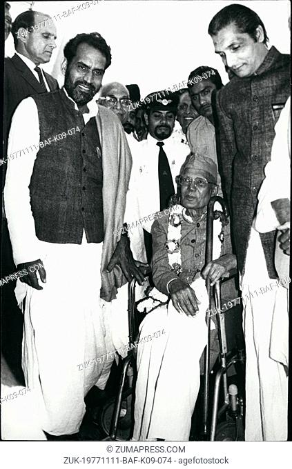 Nov. 11, 1977 - Sarvodaya Leader Shri Jaiprakash Narayan with Janata Party President Mr. Chandra Shekhar (left) and Union Minister for Civil Aviation and...