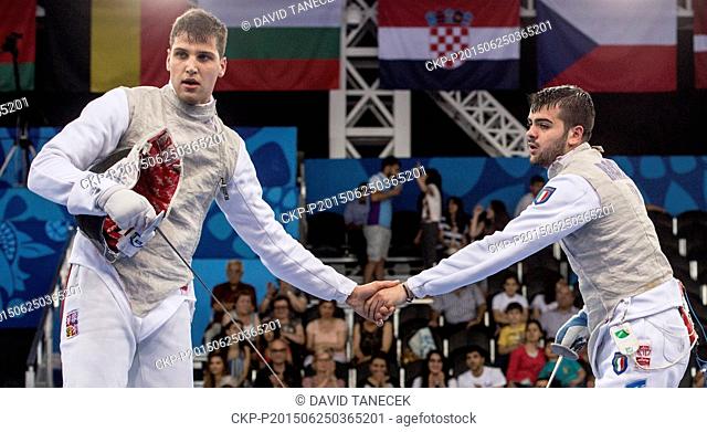 From left Alexander Choupenitch of Czech Republic and Damiano Rosatelli of Italy shake hands after fighting at the Men's Individual Foil Fencing at the Baku...
