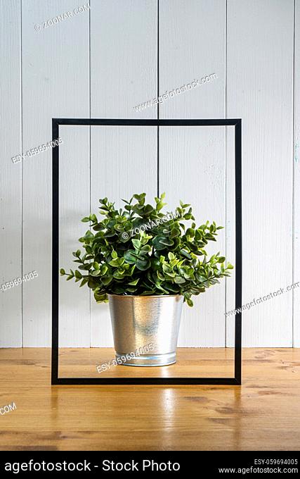 one blank black frame and a plant pot on the table with a white wood background