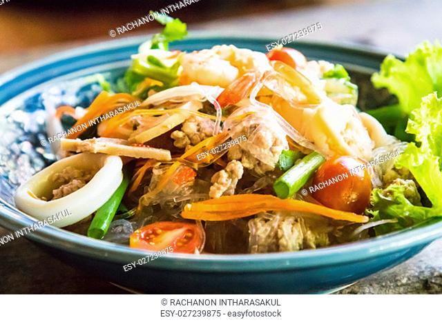spicy seafood salad with minced pork and vegetable