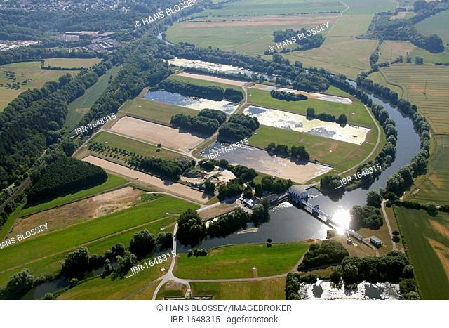 Aerial view, Ruhraue meadow, sewage treatment plant, Ruhrtal valley, Froendenberg, Ruhr river, Ruhrgebiet area, North Rhine-Westphalia, Germany, Europe