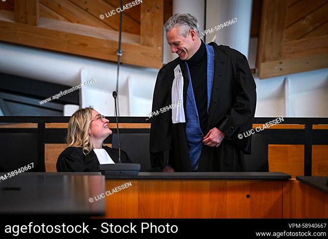 Defence lawyer Jente Denckens and Lawyer Walter Damen pictured during the jury constitution session at the assizes trial of Stephaan Du Lion before the Assizes...