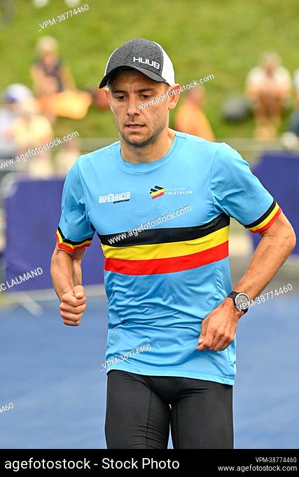 Belgian triathlete Jelle Geens pictured in action during the warming-up for the men Triathlon European Championships Munich 2022, in Munich, Germany