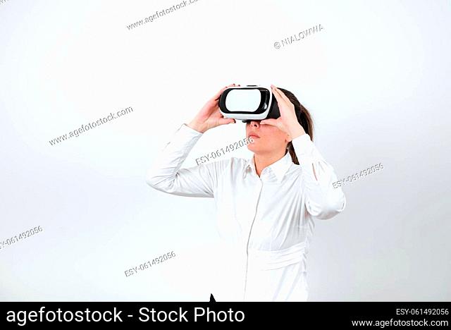 Standing Woman Wearing Vr Glasses Presenting Important Messages