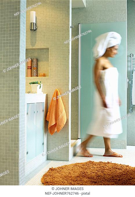 A woman in a bathroom