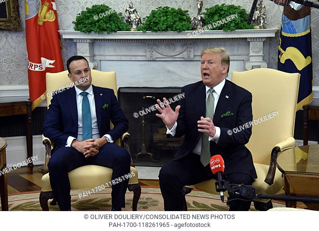 United States President Donald J. Trump, right, speaks as Leo Varadkar, Ireland's prime minister, listens during a meeting in the Oval Office of the White House...
