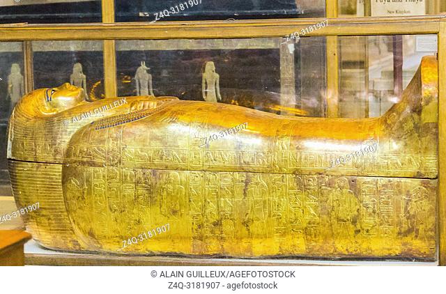 Egypt, Cairo, Egyptian Museum, from the tomb of Yuya and Thuya in Luxor : Mummy-shaped (second) coffin of Thuya
