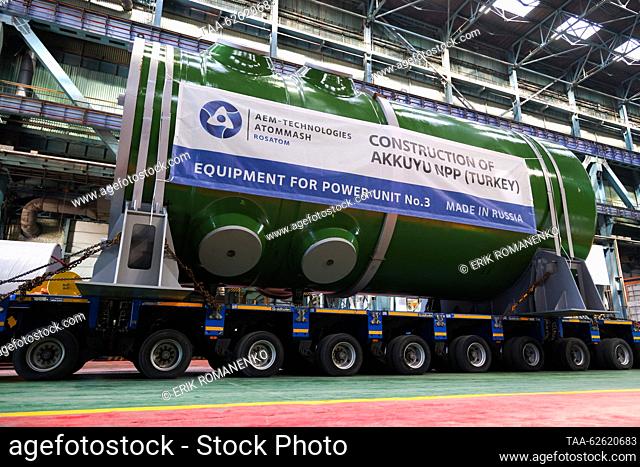 RUSSIA, ROSTOV-ON-DON REGION - SEPTEMBER 25, 2023: A reactor pressure vessel for Power Unit 3 of Turkey's Akkuyu Nuclear Power Plant is loaded onto a truck at...