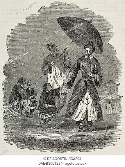 A lady with a servant holding a parasol, China, illustration from Teatro universale, Raccolta enciclopedica e scenografica, No 250, April 20, 1839
