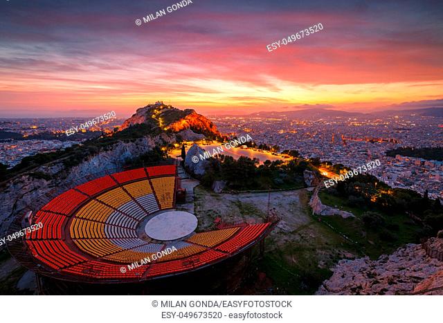 View of Lycabettus hill and Athens at sunset, Greece