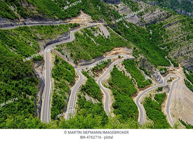 Serpentines of the mountain road to the Cem gorge, Kelmend region, Albanian Alps, Prokletije, Qark Shkodra, Albania