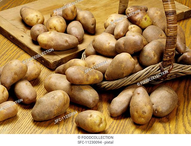 Fresh potatoes of the variety 'Golden Wonder' in a basket and on a chopping board